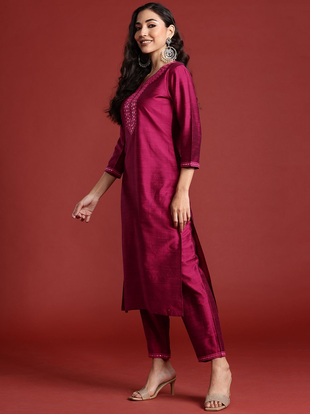 Indo Era Yoke Design Mirror Work Kurta With Trousers & Dupatta