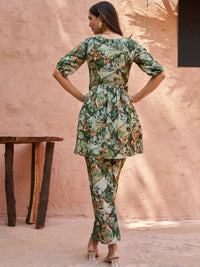 KALINI Floral Printed V-Neck Puff Sleeves Regular A-Line Kurti with Trousers