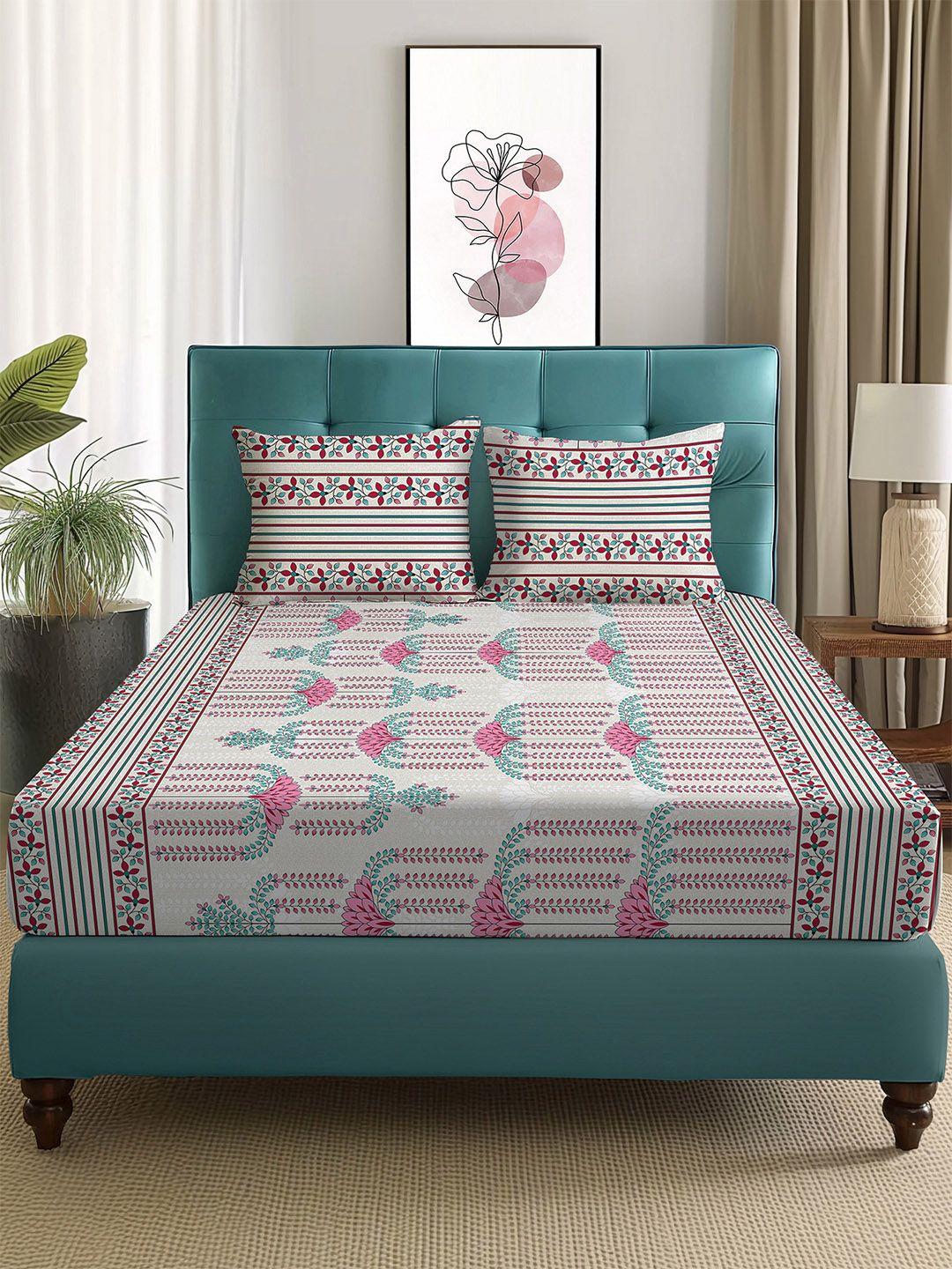 Story@home Arena Grey & Pink Floral Printed 180 TC Queen Bedsheet & 2 Pillow Covers