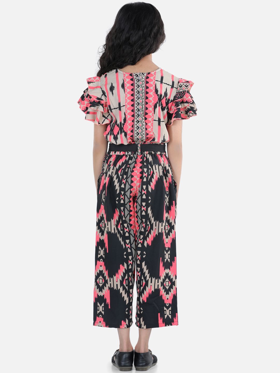 Cutiekins Girls Black & Pink Printed Ruffle Sleeves Capri Jumpsuit