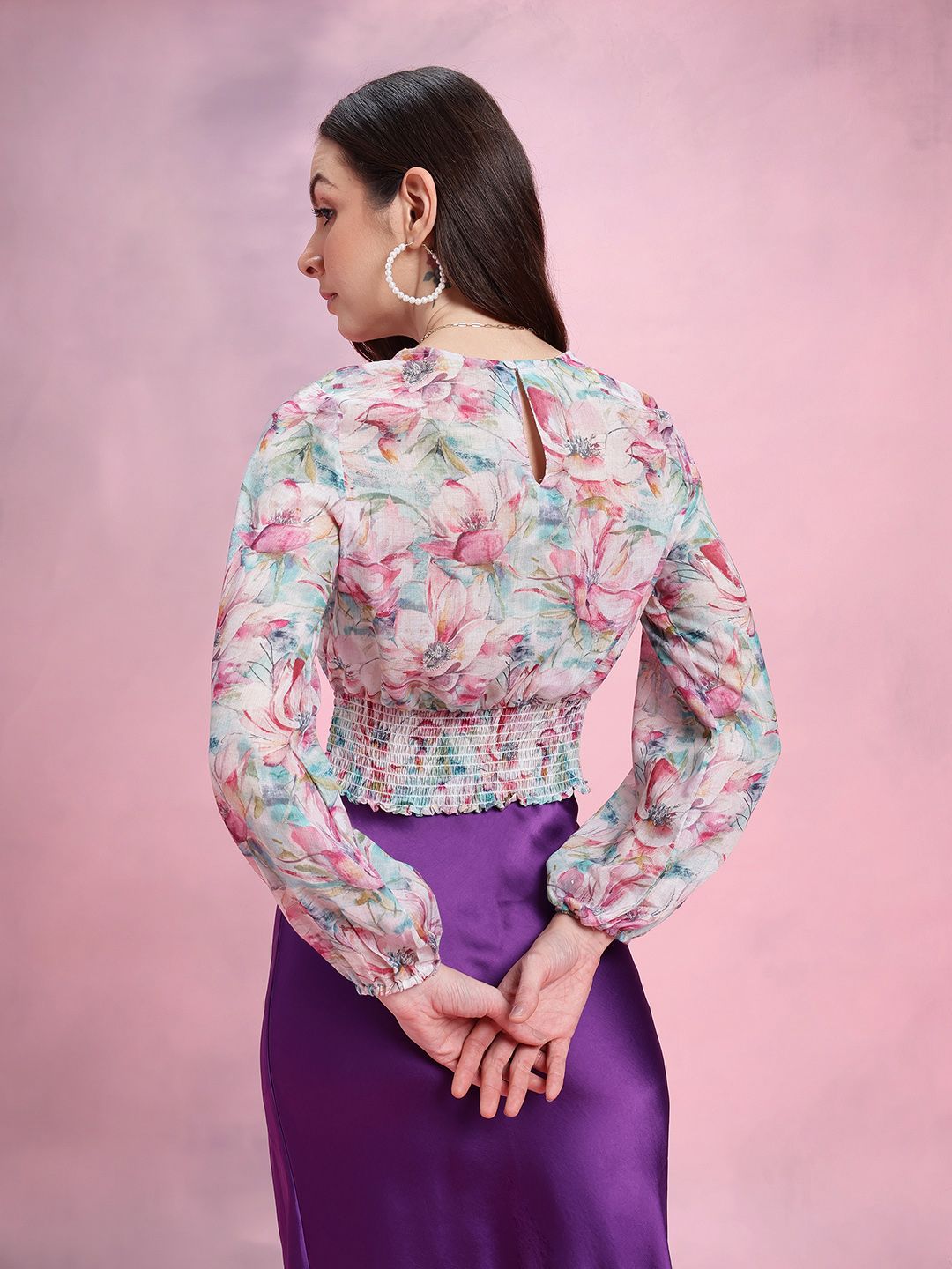 DressBerry Floral Print Smocked Detail Puff Sleeves Blouson Top