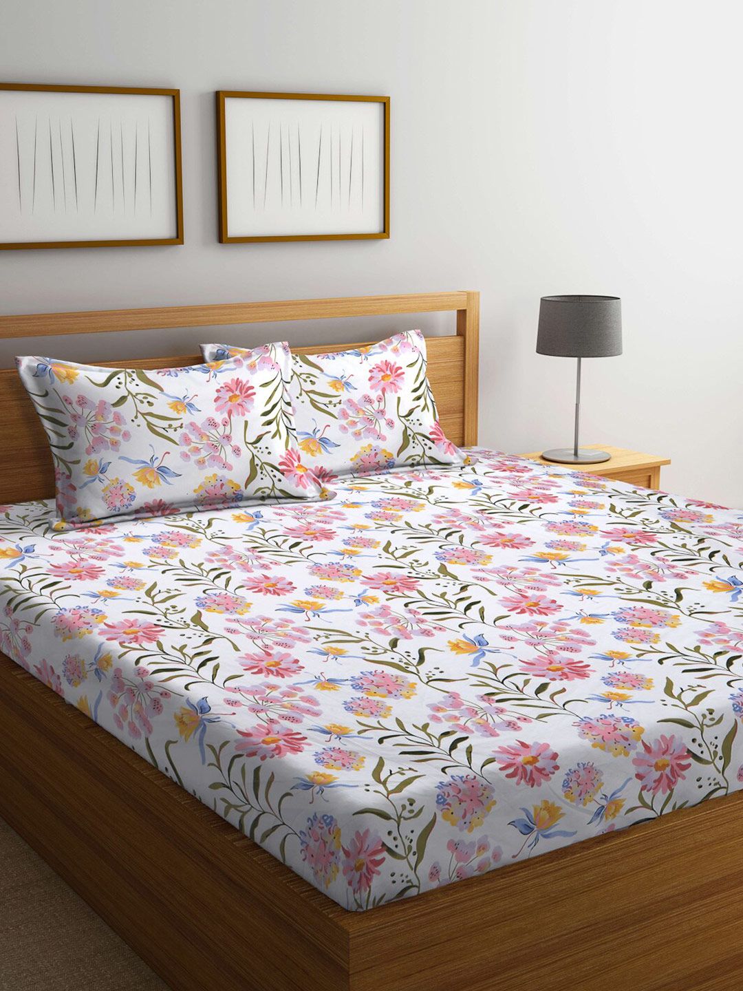 KLOTTHE White Floral 300 TC Cadar Tempat Tidur Super King Halus dengan 2 Sarung Bantal-270X270 cm