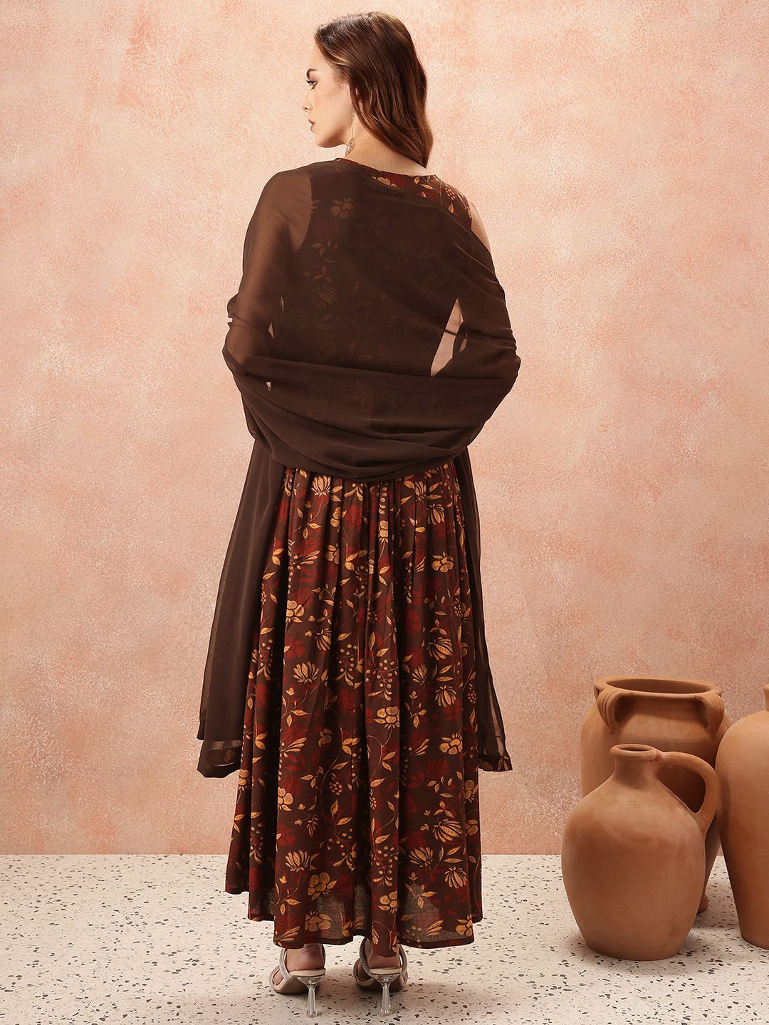 all about you Floral Print Flared Ethnic Dress With Dupatta