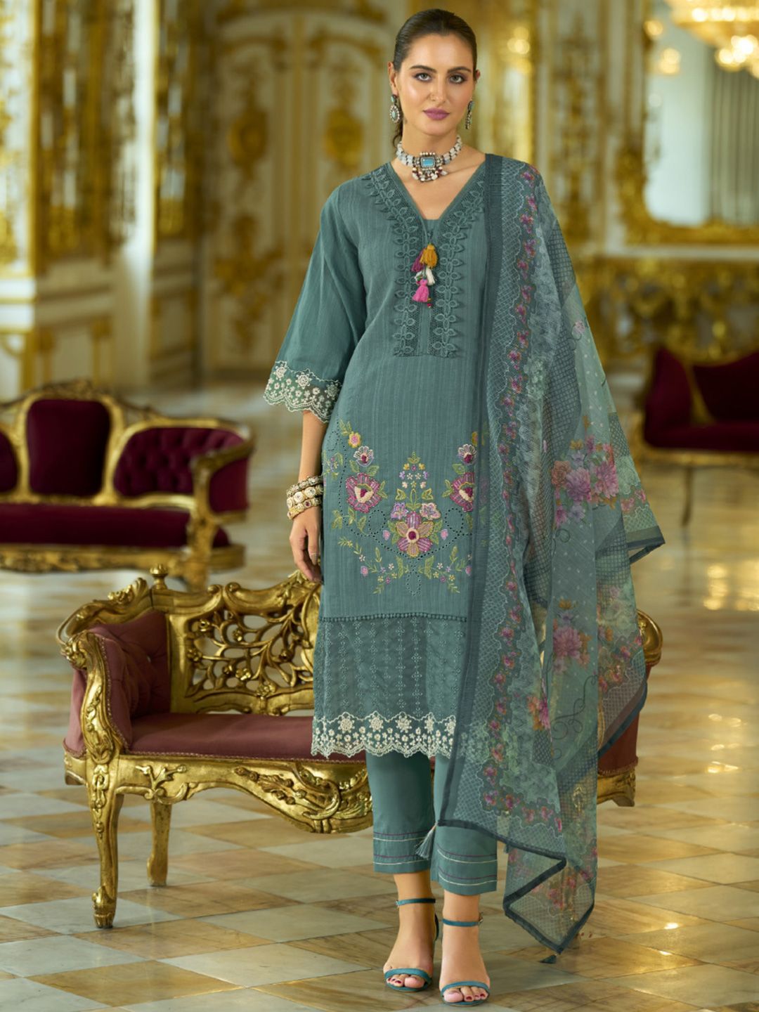 Varanga Floral Embroidered V-Neck Thread Work Pure Cotton Kurta With Trousers And Dupatta