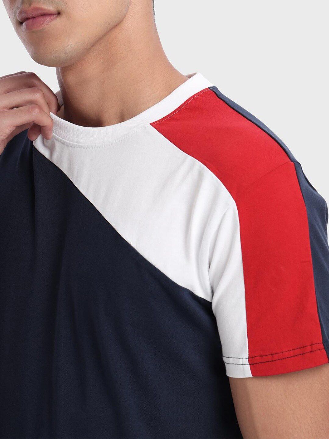 Bewakoof Men Navy Blue & White Colourblocked Pure Cotton T-shirt