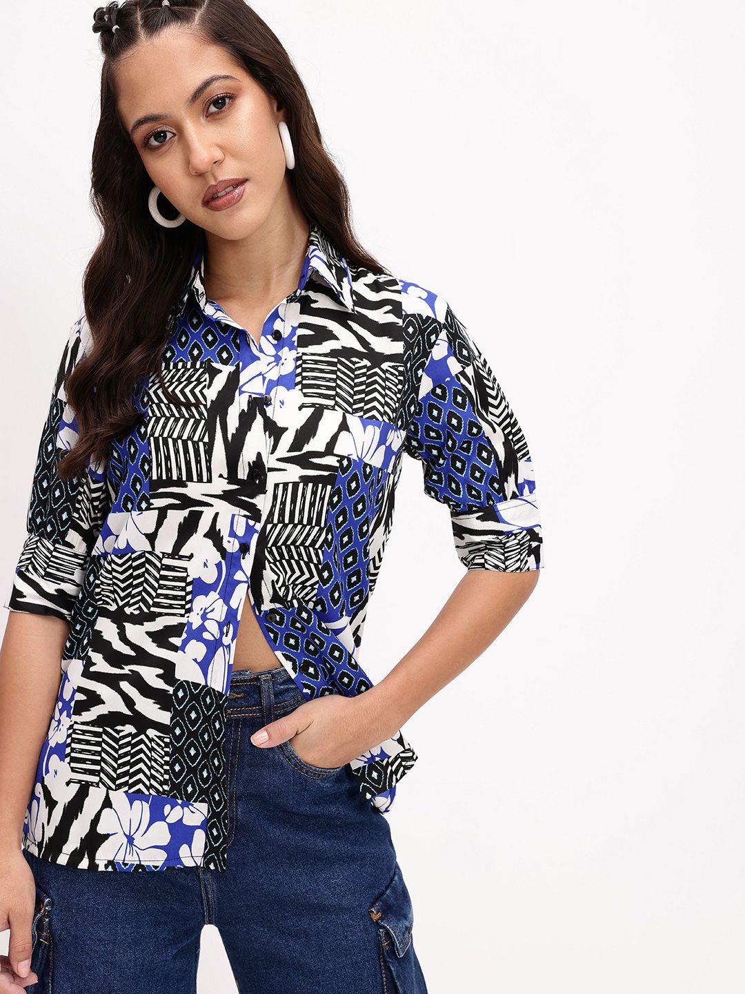 DressBerry Contrast Aesthetic Floral And Geometric Print Shirt