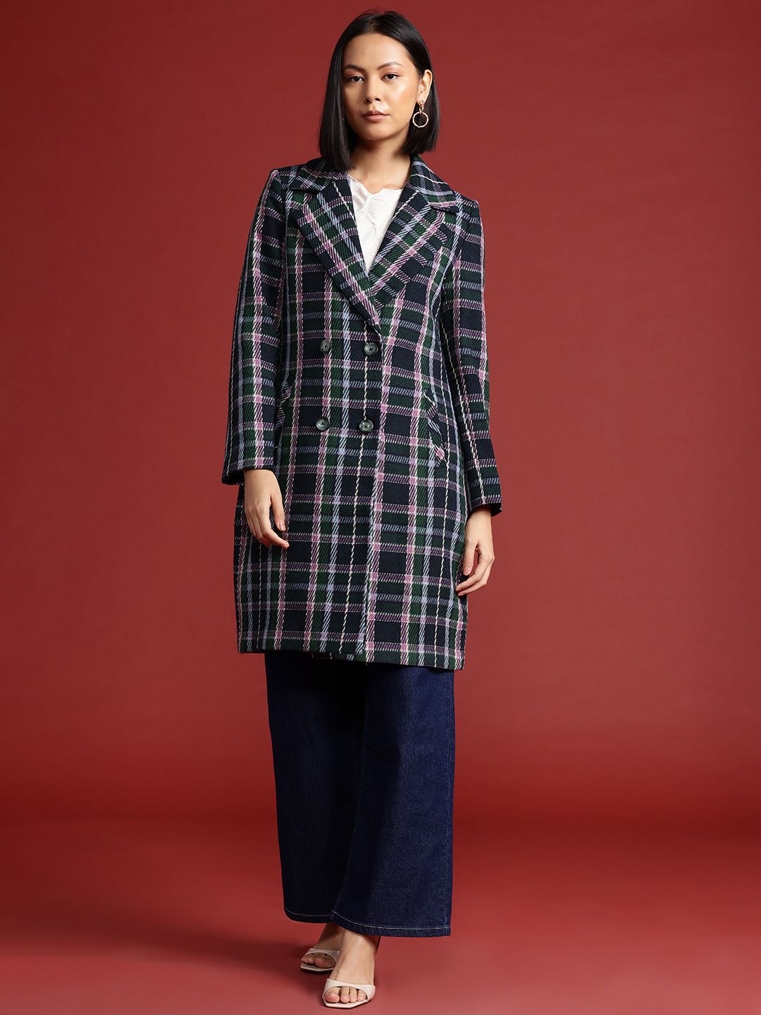 all about you Checked Double-Breasted Longline Coat