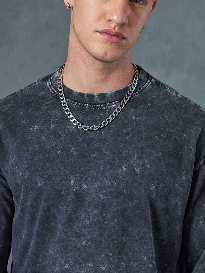Bewakoof Self Design Drop-Shoulder Sleeves Oversized Acid Wash Cotton T-shirt