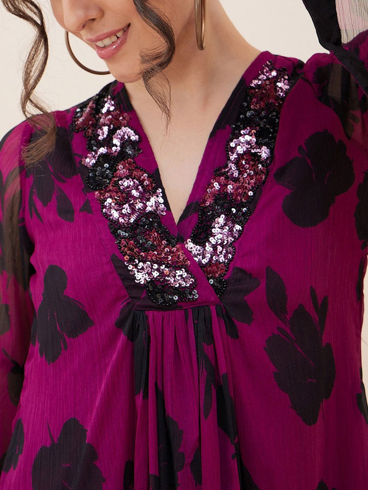 Antheaa Floral Printed Sequinned A-Line Top With Trousers