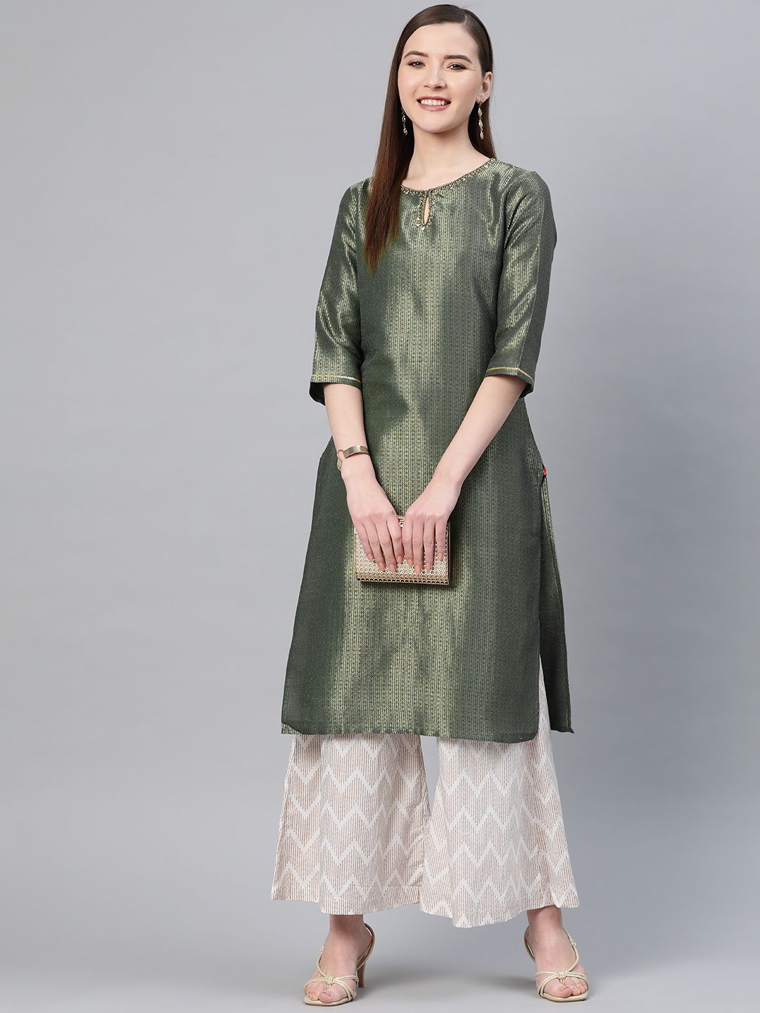 W Women Green & Golden Zari Woven Design Straight Kurta
