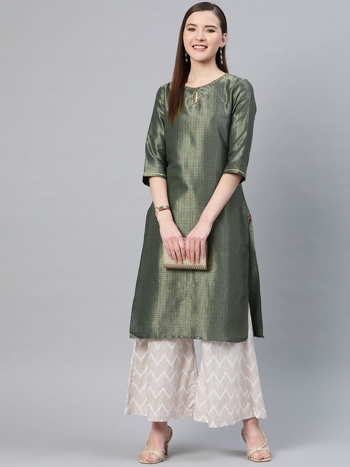 W Women Green & Golden Zari Woven Design Straight Kurta
