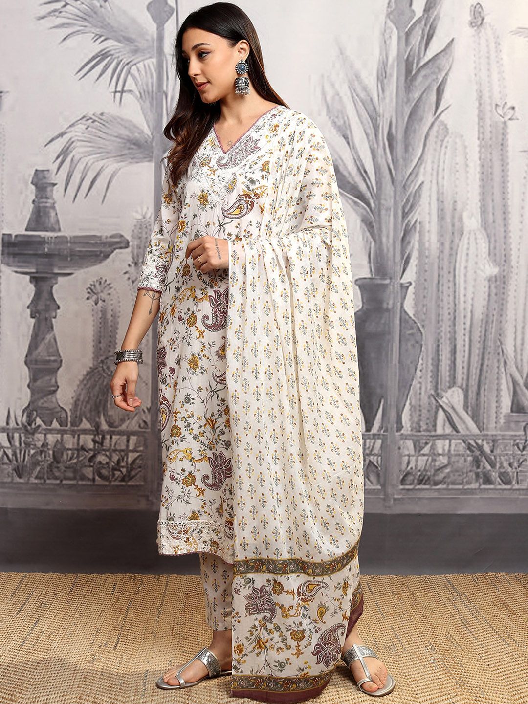 Vishudh Women Ethnic Motifs Printed Regular Pure Cotton Kurta with Trousers & With Dupatta