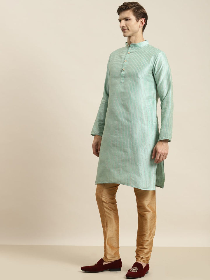 SOJANYA Men Sea Green Striped Kurta with Churidar & Nehru Jacket