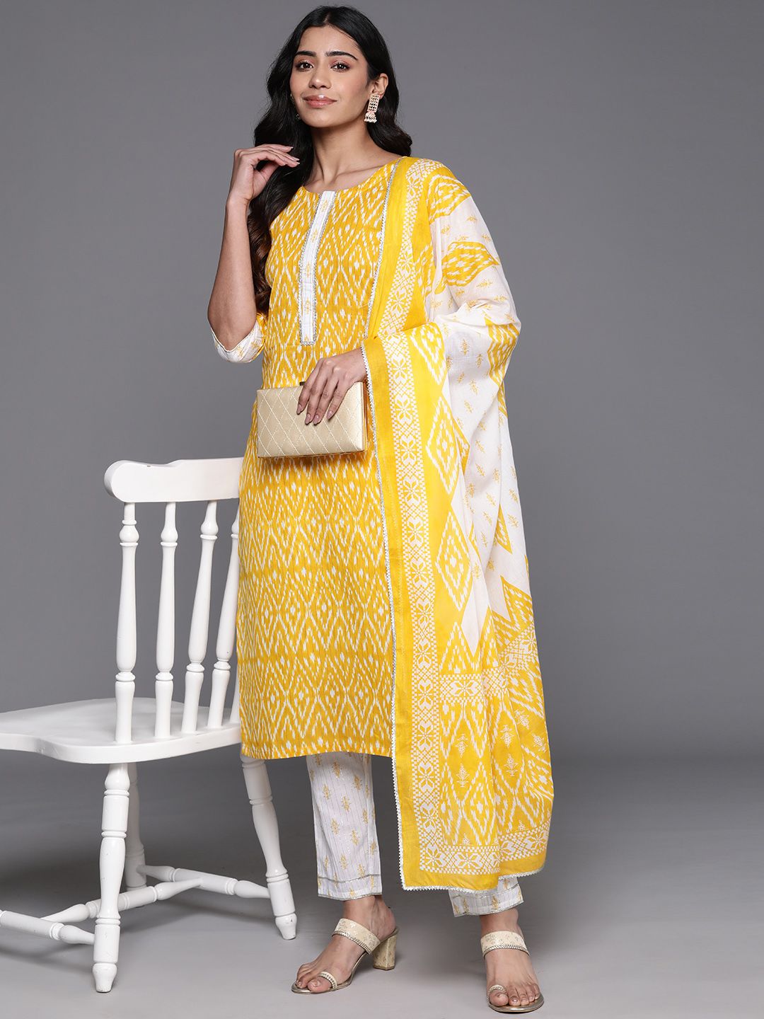 Libas Women Printed Regular Gotta Patti Pure Cotton Kurta with Trousers & With Dupatta