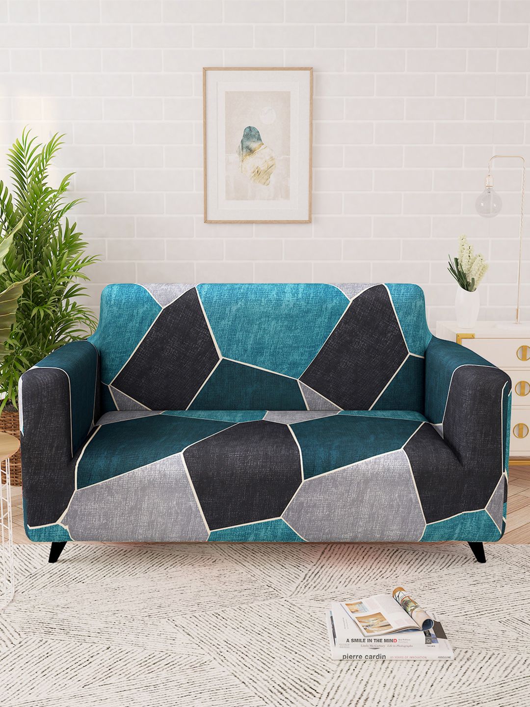 Story@home Blue & Black Printed 2 Seater Stretchable Sofa Cover With Arms
