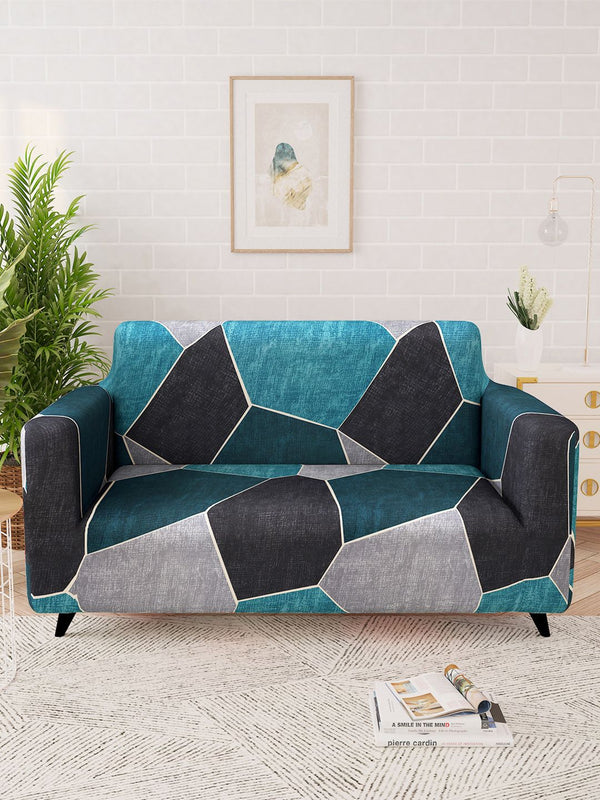 Story@home Blue & Black Printed 2 Seater Stretchable Sofa Cover With Arms