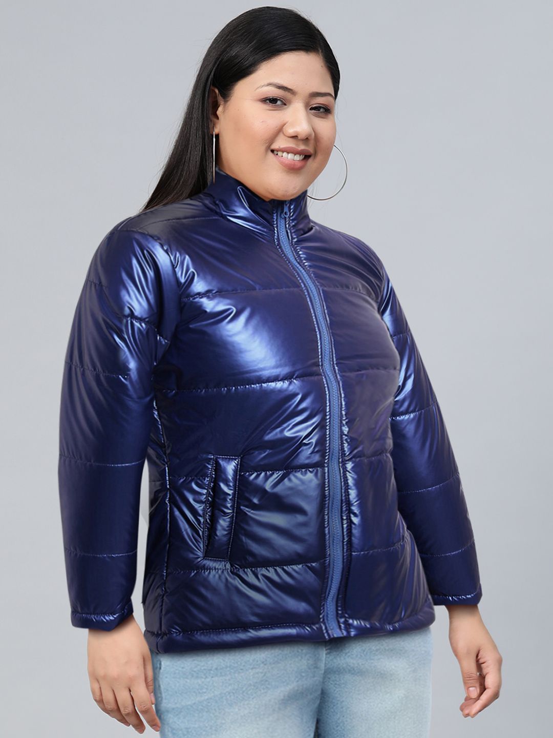 Tokyo Talkies Navy Blue Stand Collar Padded Jacket