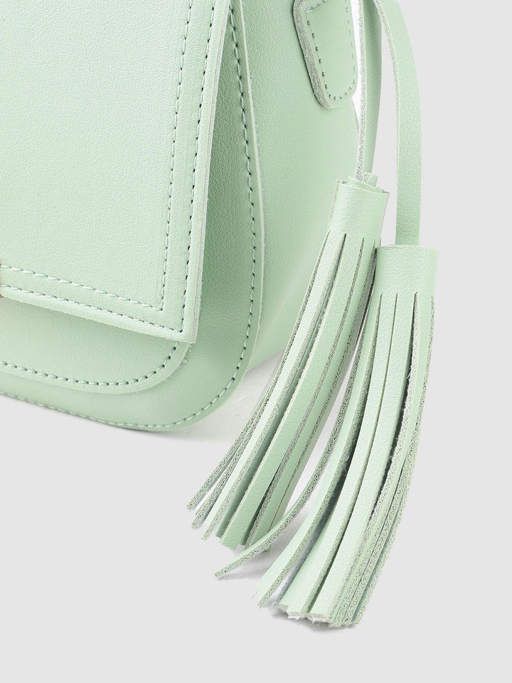 Lino Perros Women Green Solid Sling Bag with Tasselled Detail
