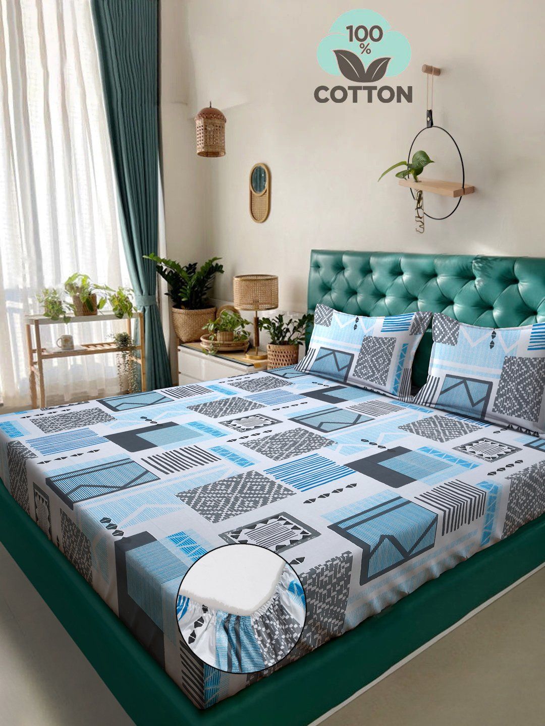 Myntra Elegant Homes Blue Geometric 400 TC King Bedsheet with 2 Pillow Covers
