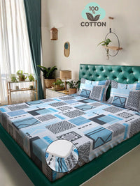 Myntra Elegant Homes Blue Geometric 400 TC King Bedsheet with 2 Pillow Covers