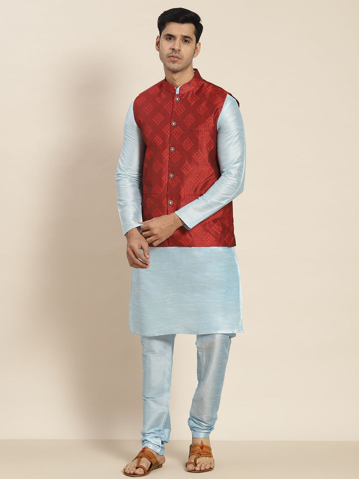 SOJANYA Kurta Biru Lelaki dengan Churidar dengan Jaket Nehru