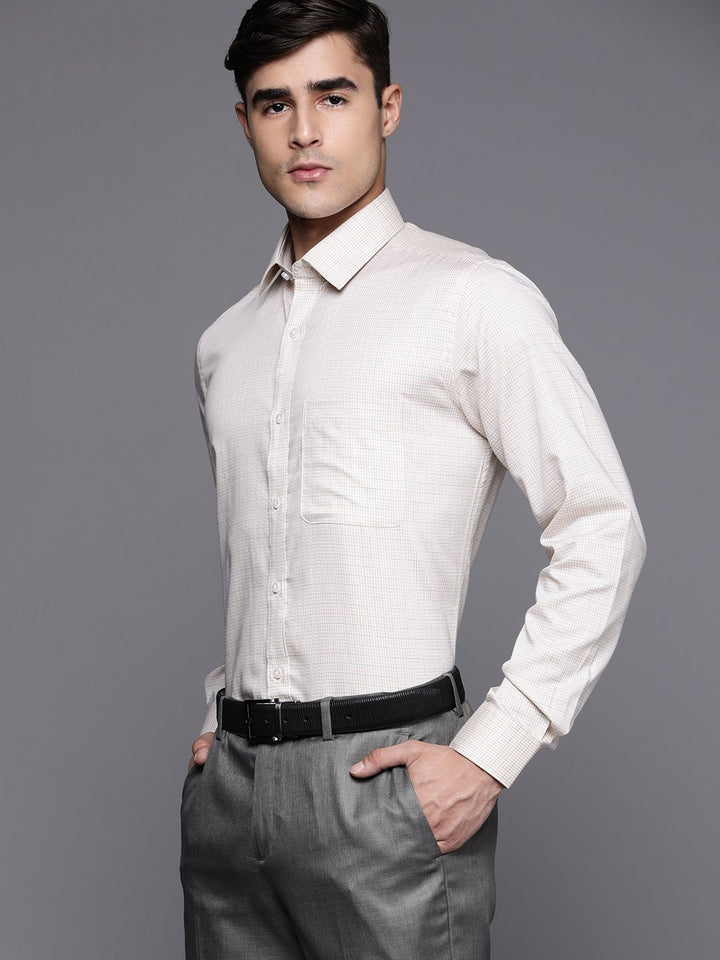 Raymond Men Cream-Coloured Pure Cotton Slim Fit Checked Formal Shirt