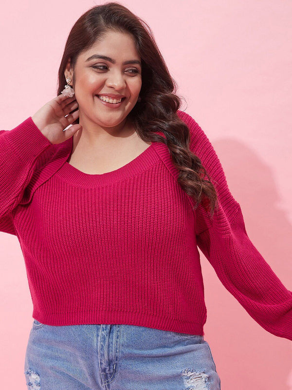 CURVY STREET Women Plus Size Ribbed Acrylic Crop Pullover