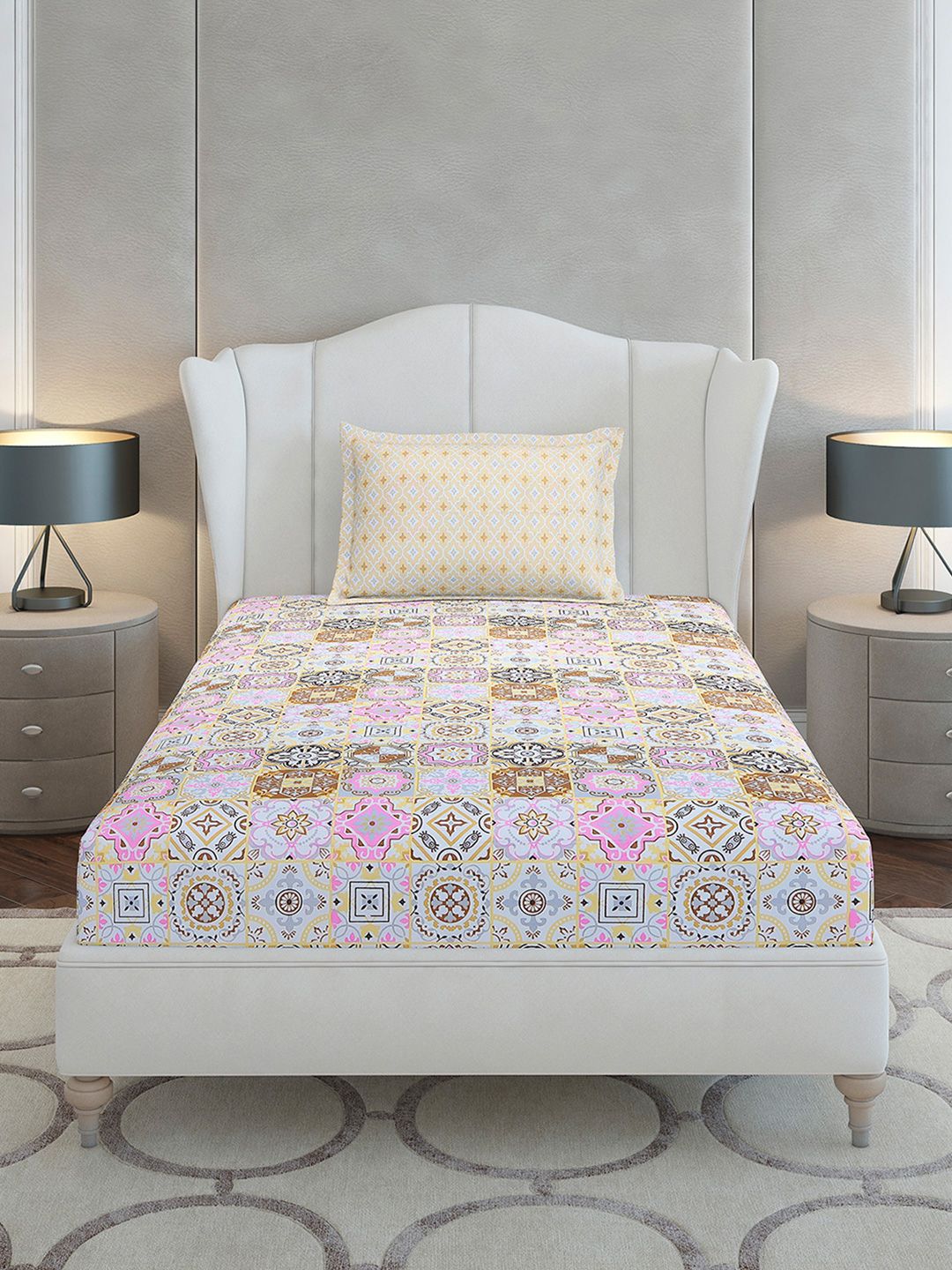 Monte Carlo White Floral Cotton 144 TC Single Bedsheet with 1 Pillow Cover-2.29mx1.52m