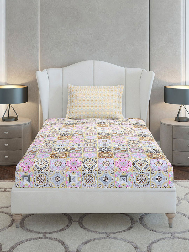 Monte Carlo White Floral Cotton 144 TC Single Bedsheet dengan 1 Bantal Cover-2.29mx1.52m