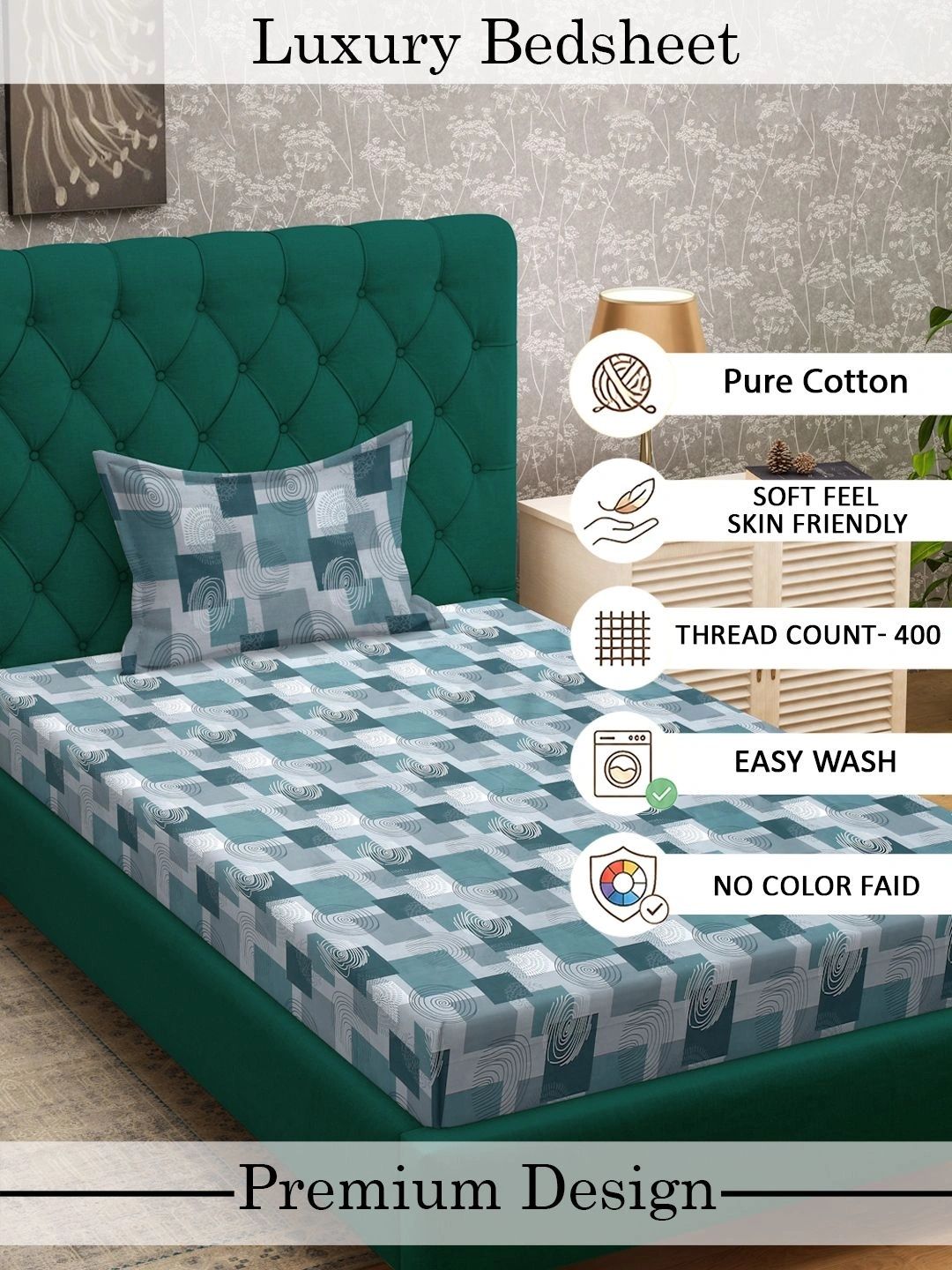 Myntra Elegant Homes Green & Grey Geometric 400 TC Single Cadar dengan 1 Sarung Bantal
