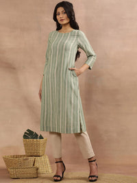 W Green Striped Round Neck Straight Kurta