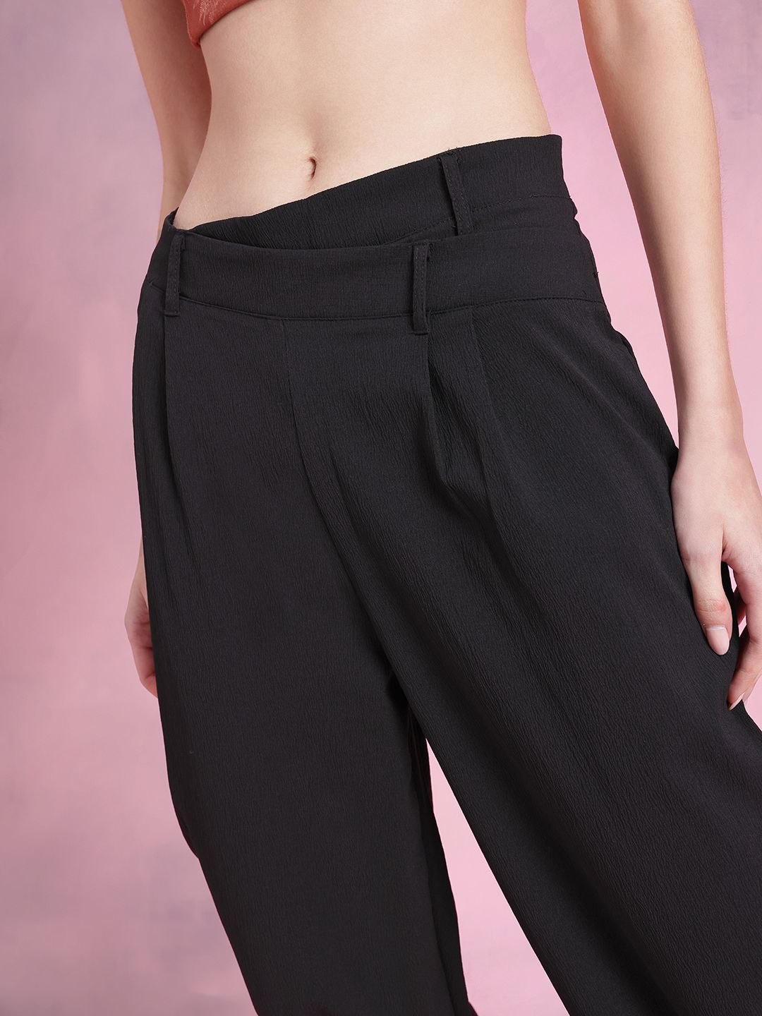 DressBerry Women Classic Cuts Textured Pleated Asymmetric Waist Trousers