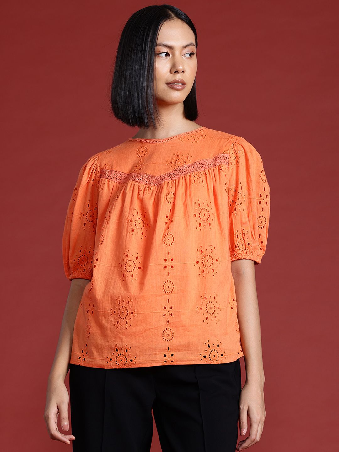 all about you Embroidered Puff Sleeve Cotton Top