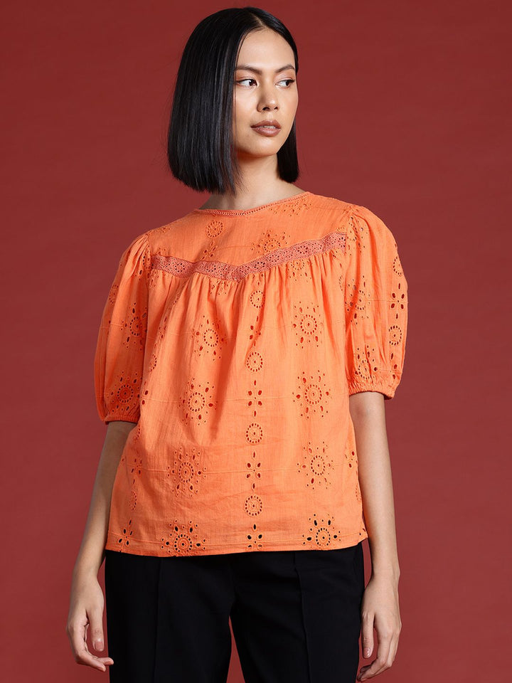 all about you Embroidered Puff Sleeve Cotton Top