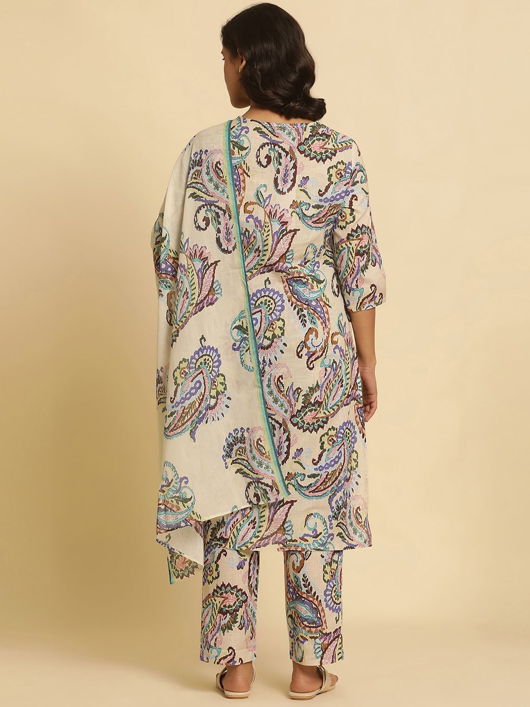 W Paisley Printed Keyhole Neck Pure Cotton Straight Kurta with Trouser & Dupatta
