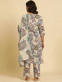 W Paisley Printed Keyhole Neck Pure Cotton Straight Kurta with Trouser & Dupatta