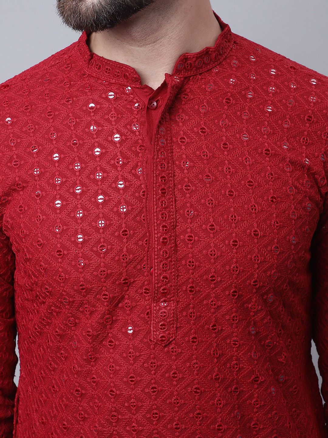 SOJANYA Kurta Kapas Tulen Sulam Bunga Lelaki Dengan Piyama & Jaket Nehru