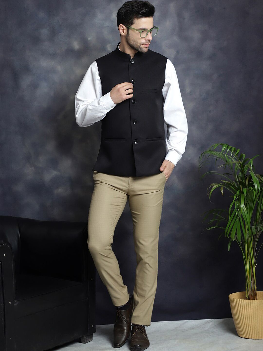 Anouk Black Mandarin Collar Woven Nehru Jacket