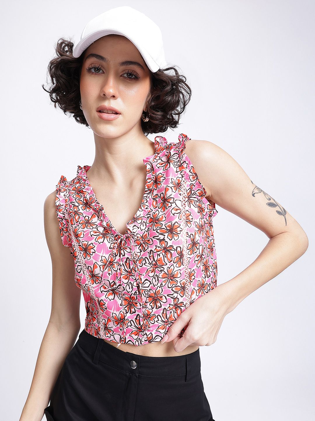 DressBerry Floral Blooms Ruffled Button Front Crop Top
