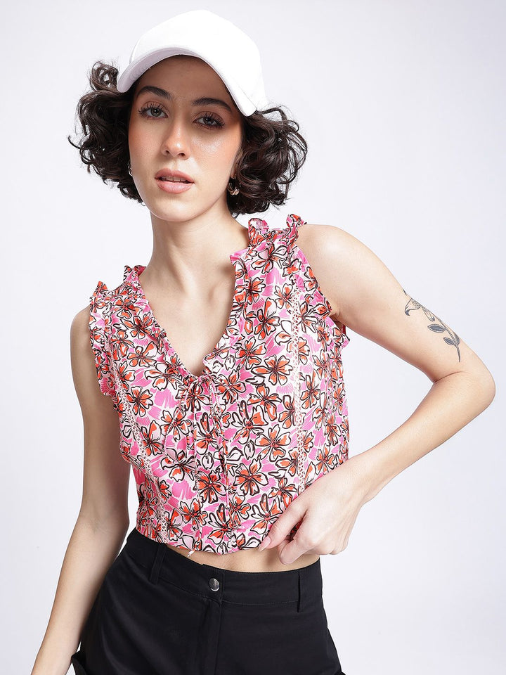 DressBerry Floral Blooms Ruffled Button Front Crop Top