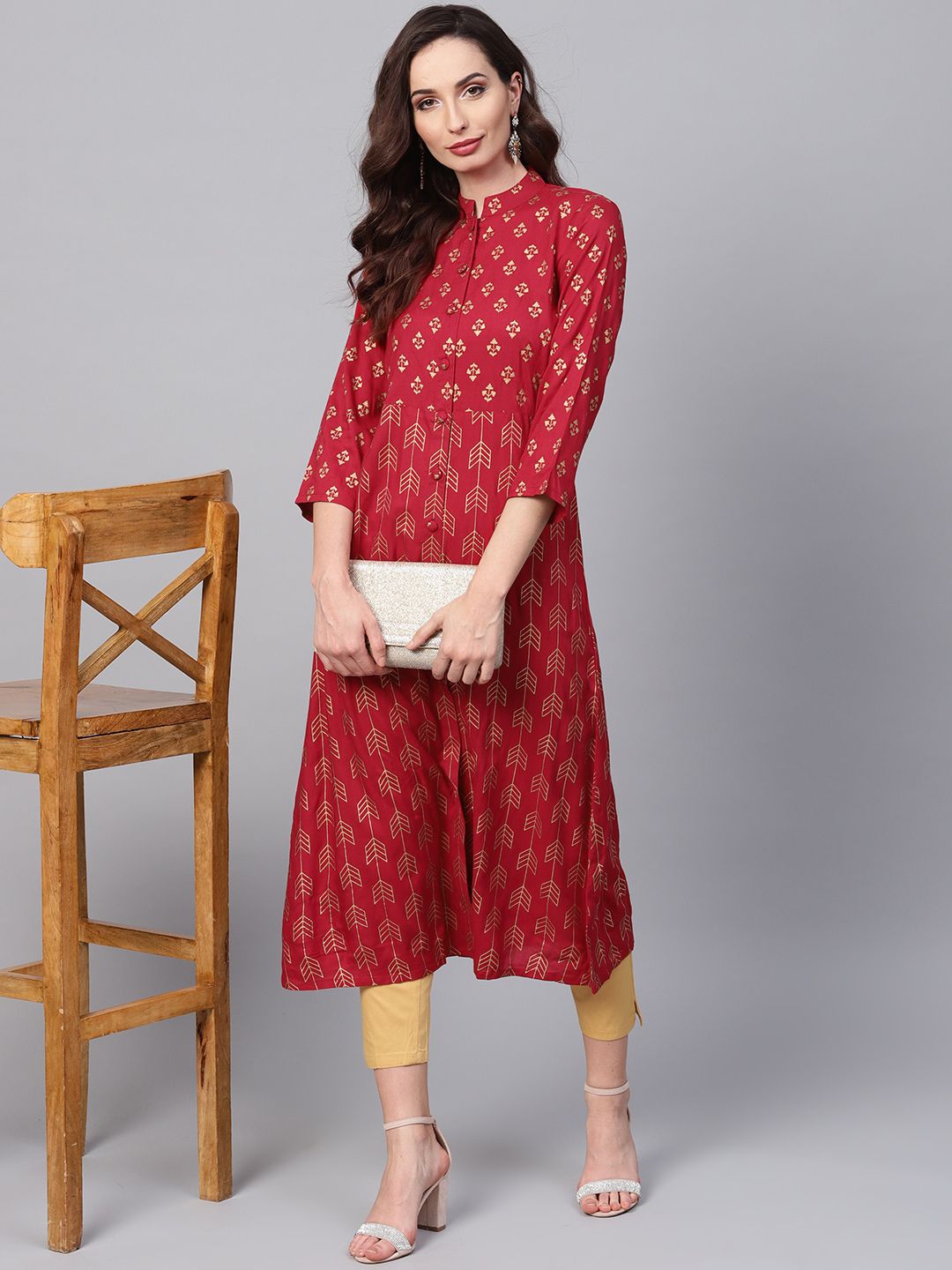 SOJANYA Women Maroon & Golden Foil Print A-Line Kurta