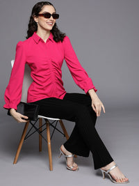 SASSAFRAS Women Fuchsia Pink Shimmer Fitted Ruched Shirt