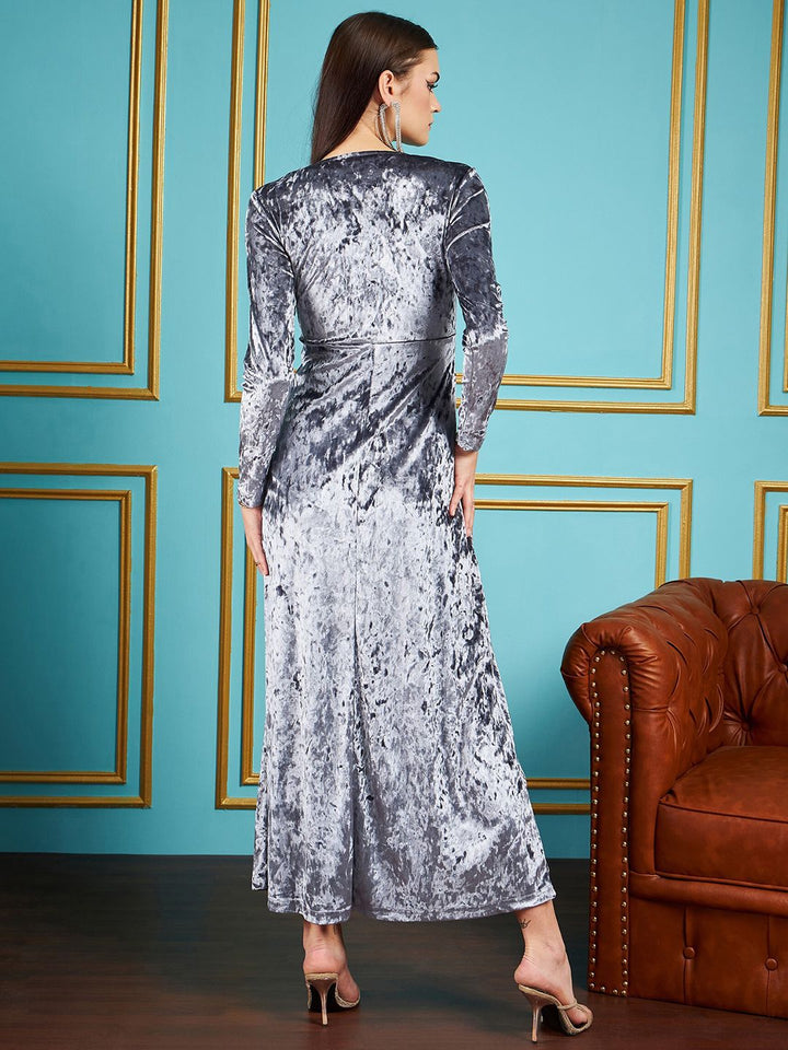 SASSAFRAS Grey V-Neck Velvet A-Line Dress