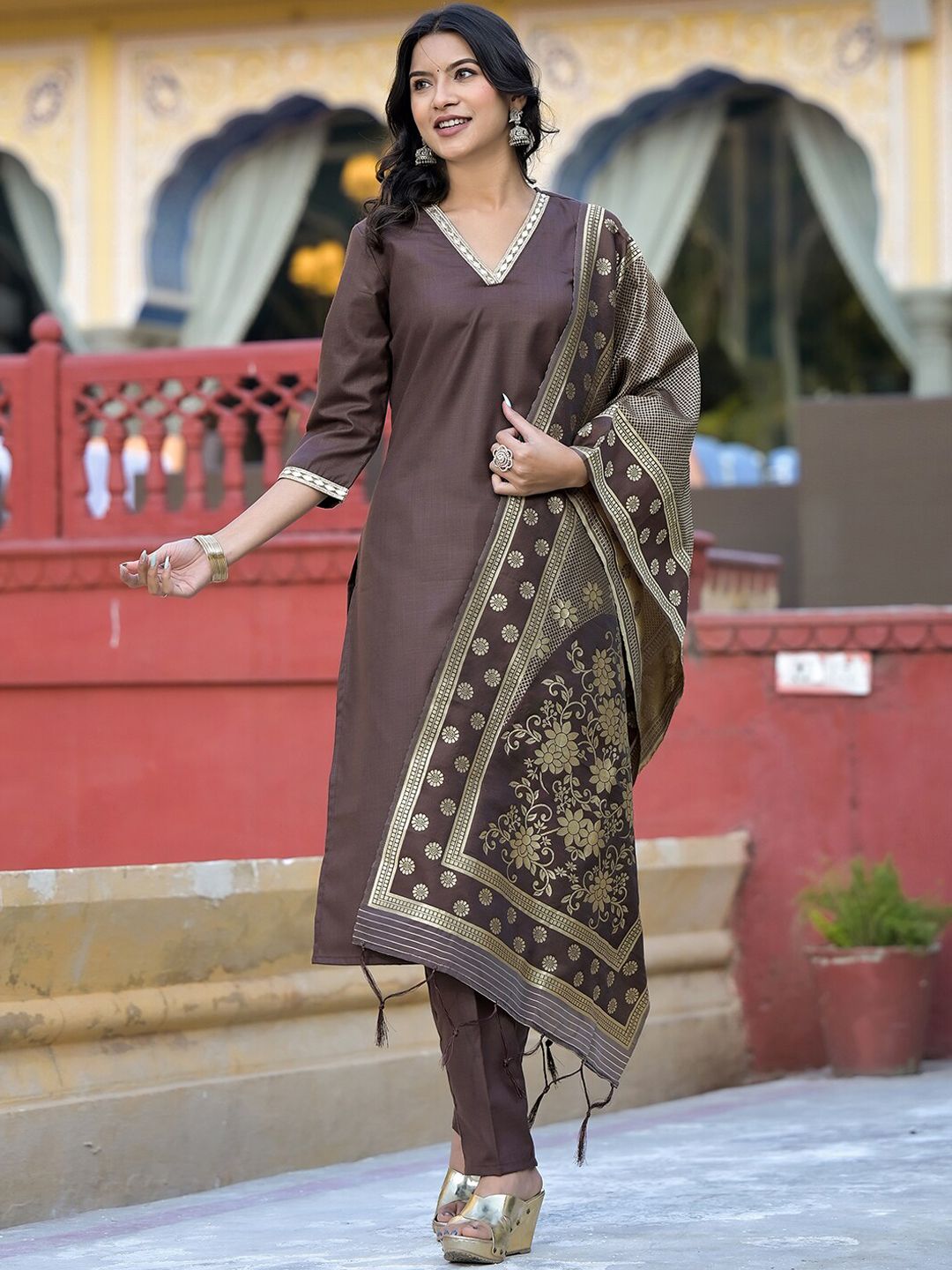 Vishudh Brown & Gold Toned V Neck Regular Kurta with Trousers & With Dupatta