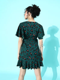 Berrylush Women Green Leopard Self-Tie Fit & Flare Dress