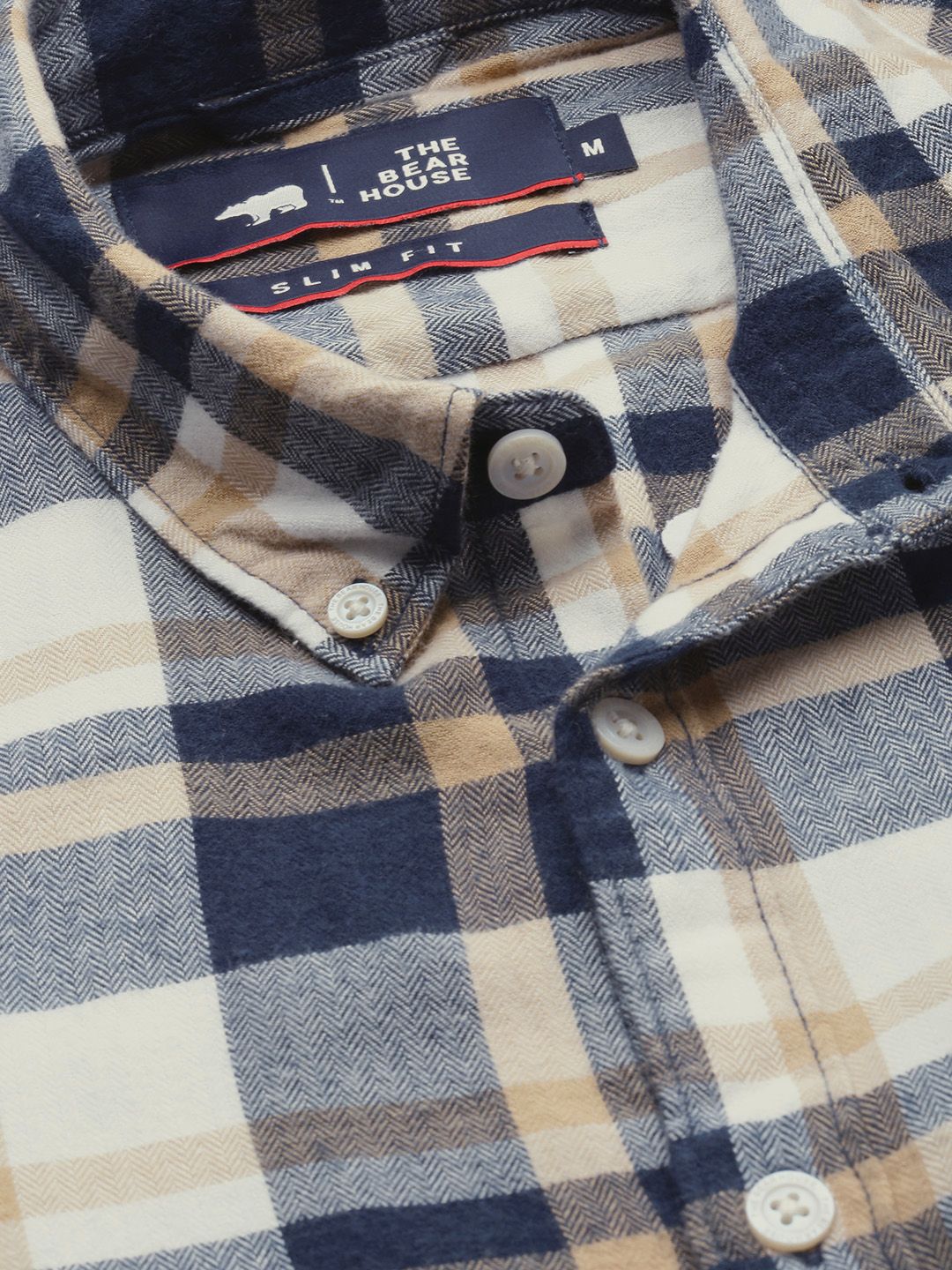 THE BEAR HOUSE Men White & Blue Slim Fit Pure Cotton Checked Casual Shirt