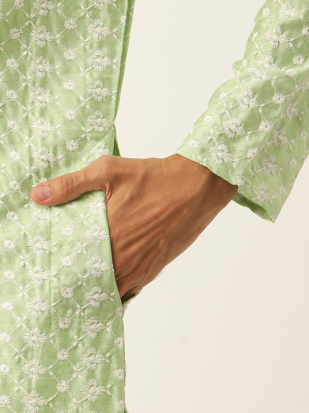 SOJANYA Lelaki Kurta Sulam Hijau Laut & Putih dengan Piyama & Jaket Nehru