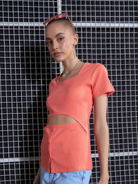 SASSAFRAS Peach-Coloured Square Neck Cut-Out Top