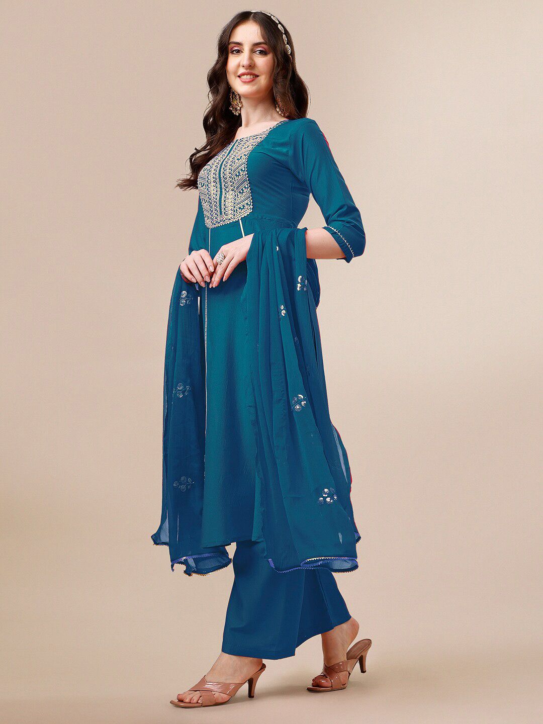 KALINI Round Neck Embroidered Gotta Patti Straight Kurta with Palazzos & With Dupatta