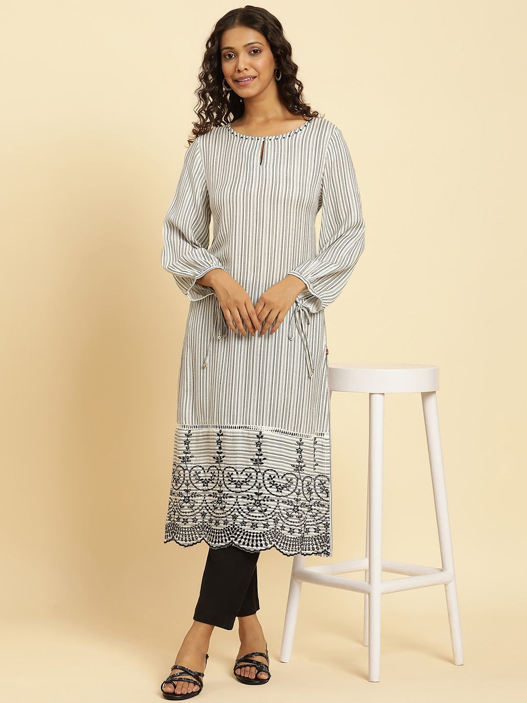 W Striped Print Rayon Straight Kurta